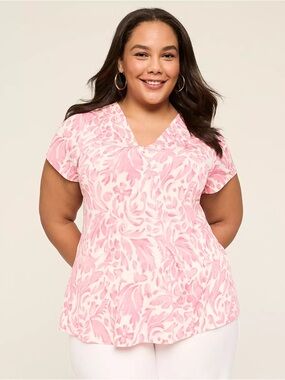 Lane Bryant Pink Floral-Pattern V-Neck Short Sleeve Top